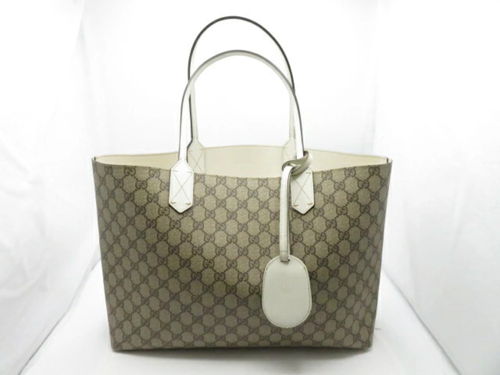 Gucci Tote Bag Reversible GG Canvas Calfskin Beige Cream Ivory White